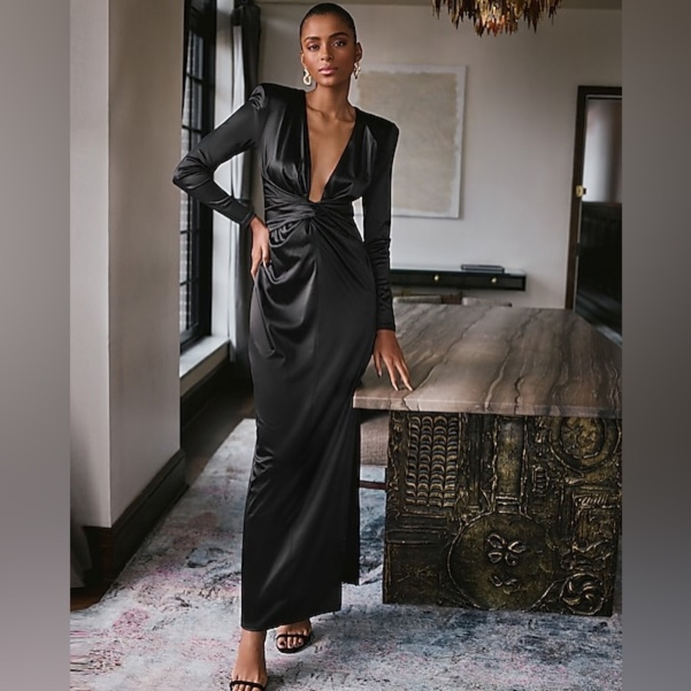 Express black Satin Plunge V-Neck Padded Shoulder Twist Front Maxi‎ Dress Small